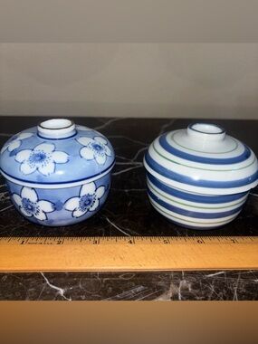2 Vintage Blue & White Porcelain Trinket Dish With Lids